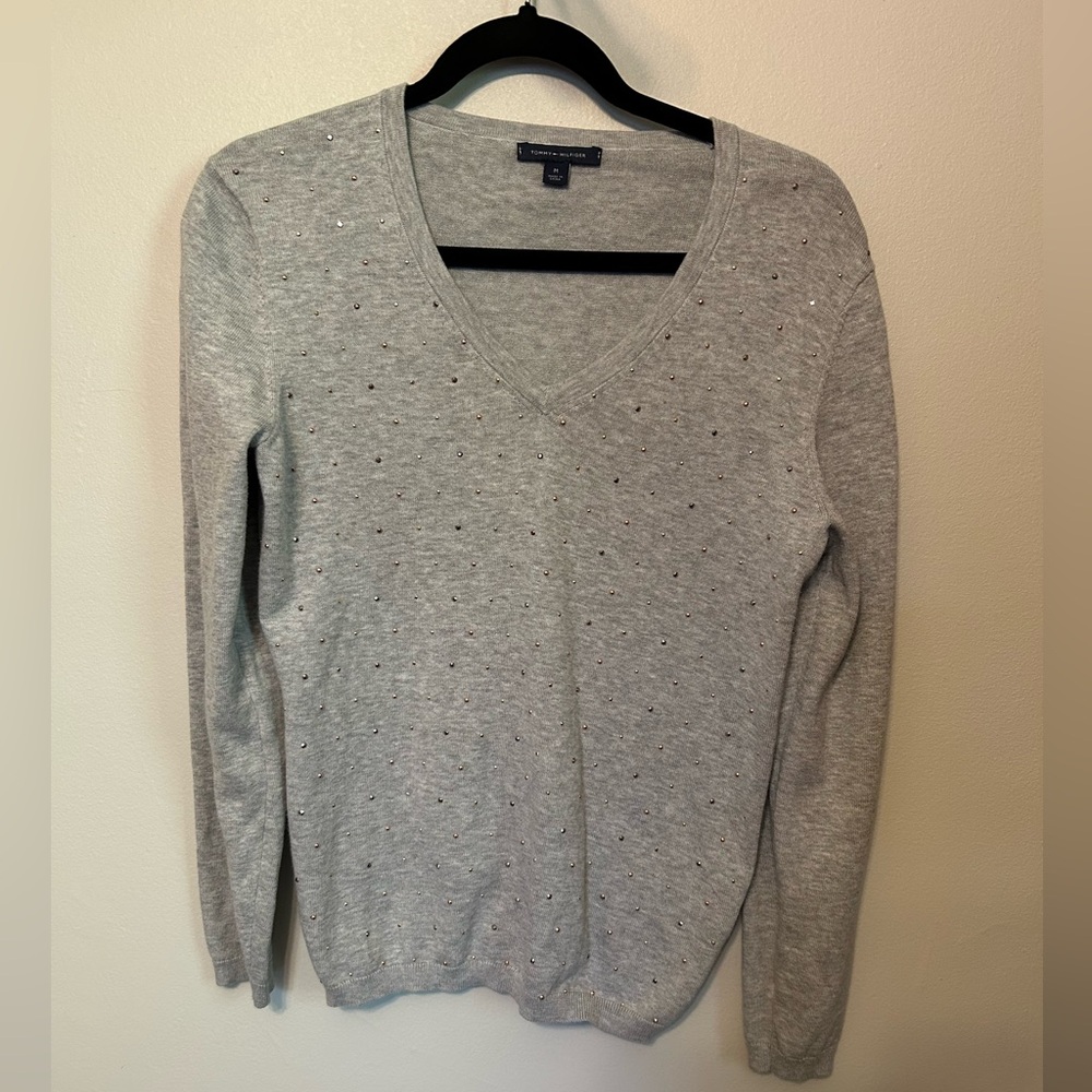 Tommy Hilfiger Gray Sweater Cotton Clean Girl Old Money Coastal Grandma